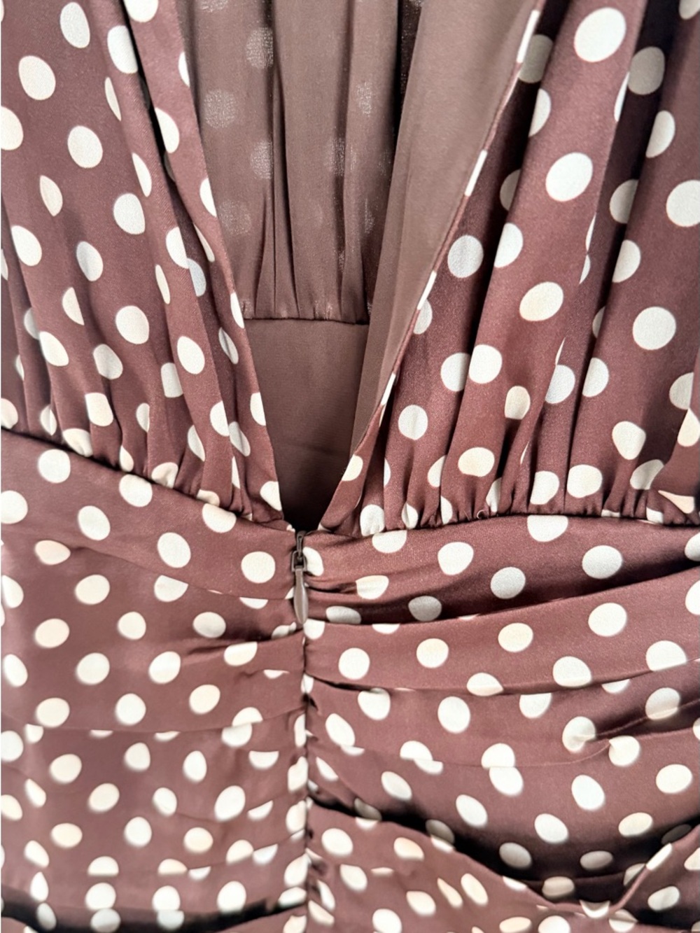 Ronny Kobo Collection Brown Polka Dot Ruched Midi Dress - Picture 6 of 7